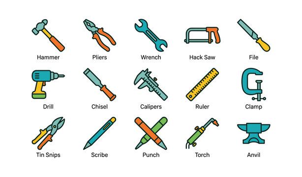 Hand tool icons arranged in labeled grid on white background
