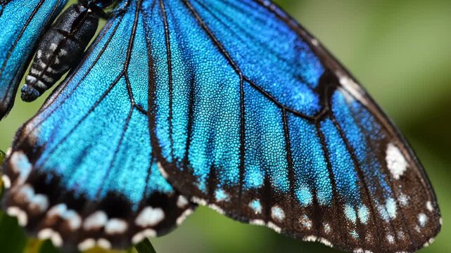 Extreme macro of vibrant blue butterfly wing with black veins