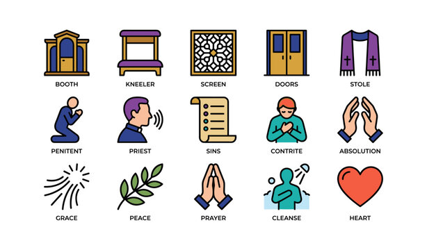 Confession and prayer icons showing priest penitent kneeler on white