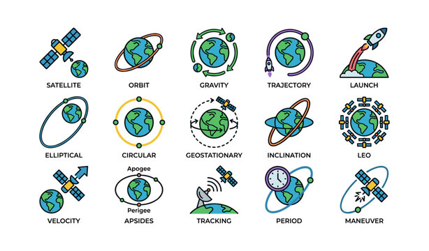 Space and orbital mechanics icons arranged on white background