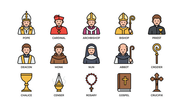 Religious leaders and liturgical items icons on white background