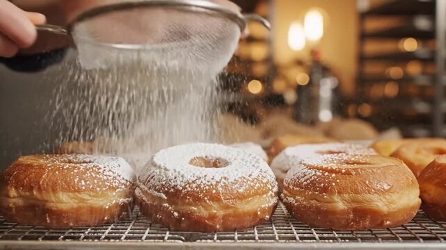 Baker Sprinkling Sugar Over Freshly Baked Treats. Hand Sifts Powdered Sugar Atop Golden Baked Donuts In Kitchen. Closeup Of Artisan Baker Applying Delicate Dusting Of Powdered Sugar To Warm Pastries