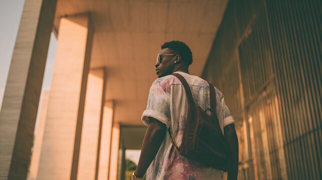 Stylish Young Man in Streetwear with Backpack Walking Through Modern Urban Architecture at Golden Hour