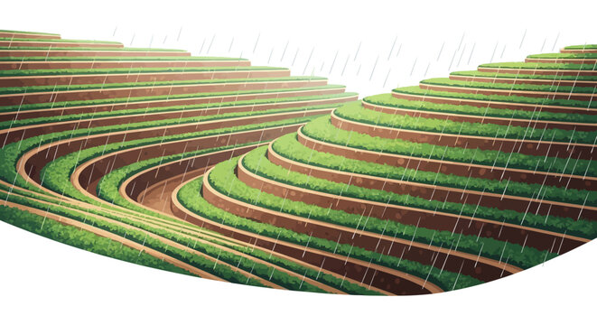 During the Grain Rain Festival (Guyu) in China, a high-angle shot reveals lush, terraced rice paddies ready for spring agriculture, showcasing the grain rain solar term and the guyu chinese