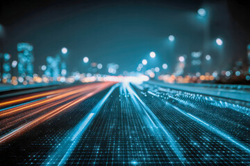 Fototapeta premium Futuristic highway with glowing digital network overlay and dynamic light trails conveying advanced technology and fast-paced modern city movement at night