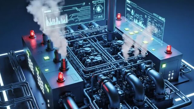 Isometric 3D factory icon with safety indicators, animated blinking hazard lights, camera top angle slowly rotating, industrial pipes and machines visible, cool blue tone, digital overlay interface