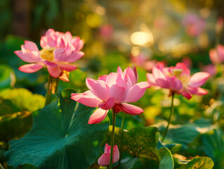 Fototapeta premium Pink lotus flowers blooming in a serene pond with lush green leaves illuminated by warm golden sunlight during a peaceful summer morning scene