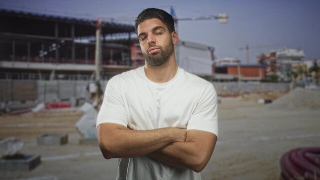 Man with beard and arms crossed in front of a partially built building at a construction site; skepticism resilience.