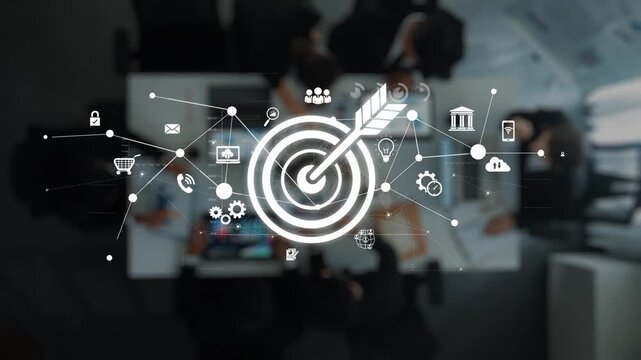 This image captures the essence of goal-oriented collaboration among professionals in a modern workspace, enhanced by digital icons representing analytics and strategy. Raster