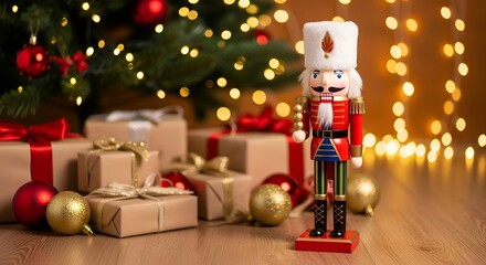 Fototapeta premium Lego santa claus figurine with presents, christmas tree, and festive decorations