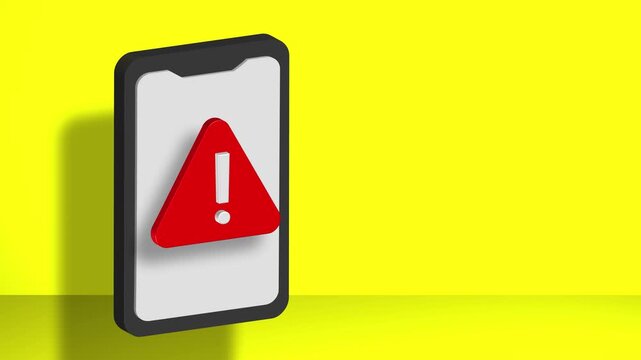 3D animation of a cell phone with a warning icon in the center