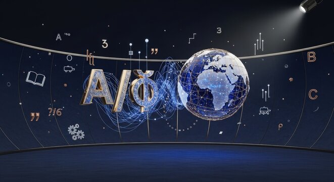 Global Localization Luxury Concept Featuring Sapphire Crystal Globe and Gold Translation Symbols on Textured Navy Suede Background