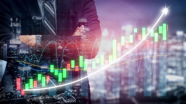 A businessman stands confidently with arms crossed, overlooking vibrant stock market trends depicted through graphs and a city skyline, symbolizing financial success. Copula