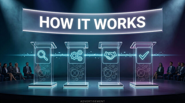 Modern stage setup with four glass podiums and icons under a large "HOW IT WORKS" illuminated banner