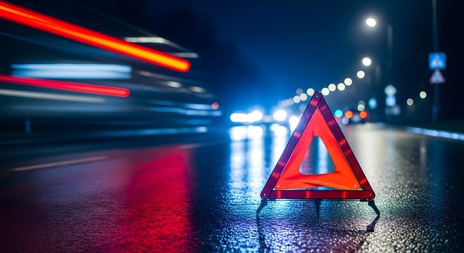 Emergency roadside triangle reflects streaking headlights on a wet night highway