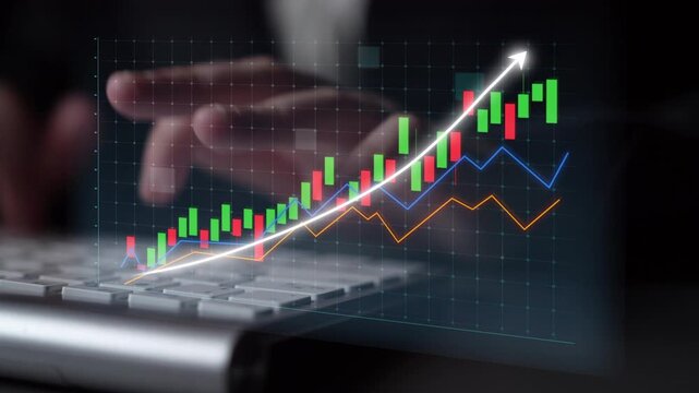 A focused business professional analyzes financial data in a modern workspace, highlighting growth trends through vibrant graphs and strategic insights. Copula