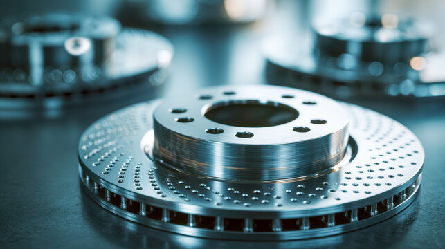 High precision ventilated metallic disc brake rotor with drilled holes arranged on cobalt surface for enhanced performance and heat dissipation in automotive systems