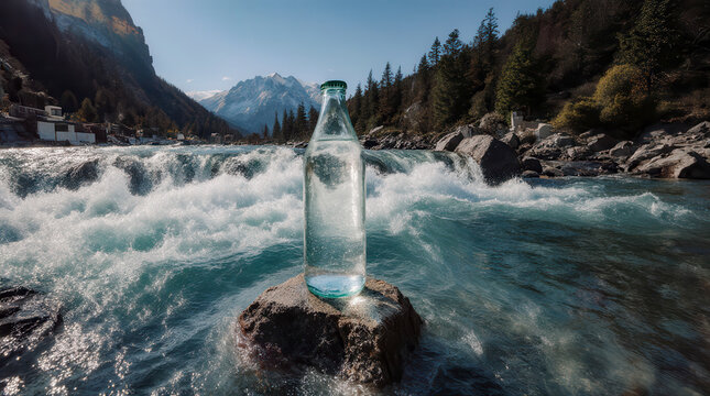 Glass mineral water bottle on stone in mountain stream