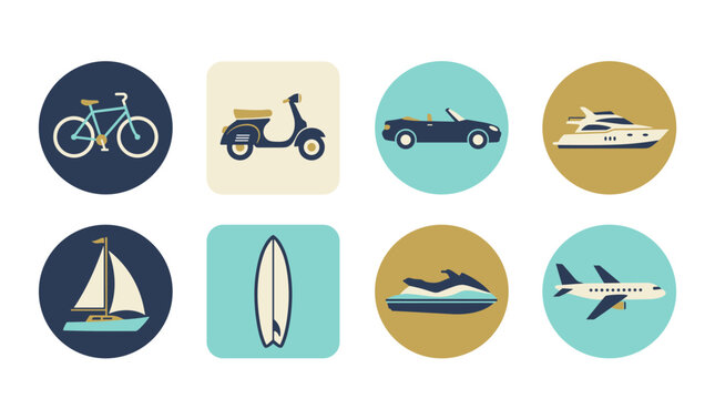 Collection of various transportation icons: bike scooter car yacht sailboat surf jet ski plane