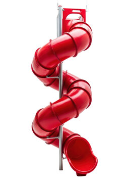 massive, bright crimson red glossy plastic spiral tube slide against a seamless infinity white cyc wall, emphasized by harsh rim lighting. concept of energetic childhood fun