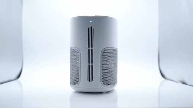 Contemporary Illuminated Cylindrical Speaker Showcasing Cuttingedge Smart Technology. Sophisticated Modern Audio Apparatus Emphasizing Reflective Surfaces And Responsive Touch Controls