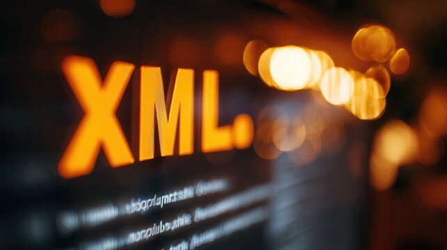 Big monitor displays XML in orange on blurred bg