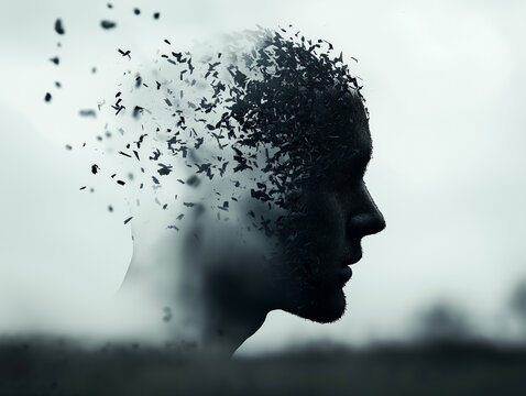 Silhouette of a man's profile fades into black fragments