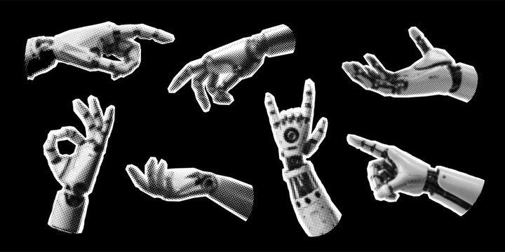 Set of retro futuristic halftone hands and robotic arm gestures. Human and cyber cyborg hands in vintage dithered dot style for cyberpunk design, artificial intelligence and hi-tech technology.
