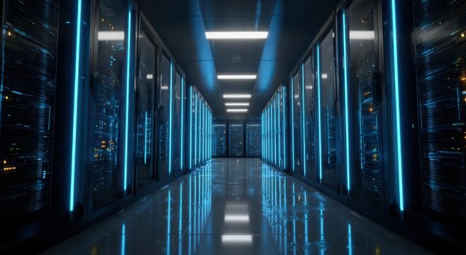 a long dark hallway with blue lights on the walls and floor in a data center with servers and comput