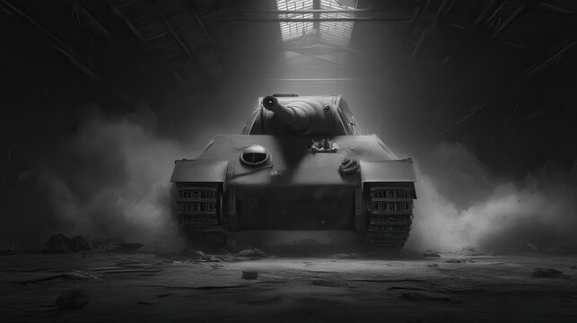 Maus heavy tank in a darkened factory
