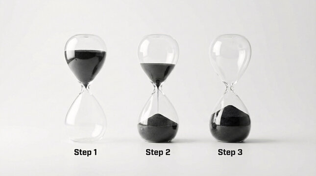 Three hourglasses showing the passage of time with black sand and "Step 1", "Step 2", and "Step 3" labels