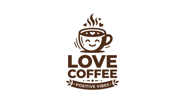 Cute Coffee Cup with Happy Face and Positive Vibes Text.