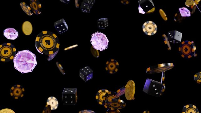 Luxury casino elements falling on black background, seamless loop
