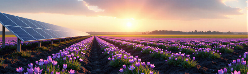 Obraz premium Panoramic view of blue solar panels over a purple saffron crocus field at sunrise. Agrivoltaics and renewable energy farming concept banner