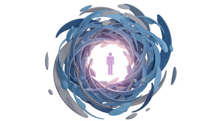 A stylized human figure stands at the center of a swirling vortex of blue and lavender shapes on a clean white background, creating a sense of focus and direction with a bright and ethereal © Anggita