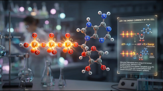 Ultra realistic 3D visualization of ATP energy molecule with labeled phosphate groups, cinematic lighting and structured scientific explanation panel in pastel chemistry laboratory environment