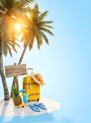 Fototapeta premium 3D render of a yellow suitcase, blue cocktail with umbrella, pineapple, flip flops and straw hat on a white sand island under palm trees with a wooden sign against a blue sky.