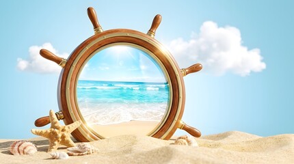 Fototapeta premium Wooden ships wheel steering wheel frame on a sandy beach with starfish and seashells, showcasing a sunny tropical ocean beach scene inside the wheel against a clear blue sky.