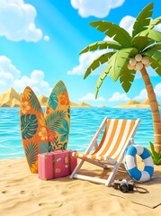 Obraz premium 3D stylized beach vacation illustration featuring floral surfboards, a pink suitcase, striped deck chair, lifebuoy, and camera on sand by blue ocean under sunny sky with palm tree.