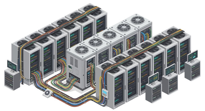 Isometric vector illustration of a database server farm connected by bundles of cables, rendered in a clean, modern style against a white background, conveying a sense of organized