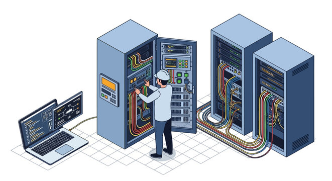 Isometric vector illustration of a technician inspecting a database server inside a rack, using a laptop to monitor the system, rendered in a flat, cartoon style against a clean white