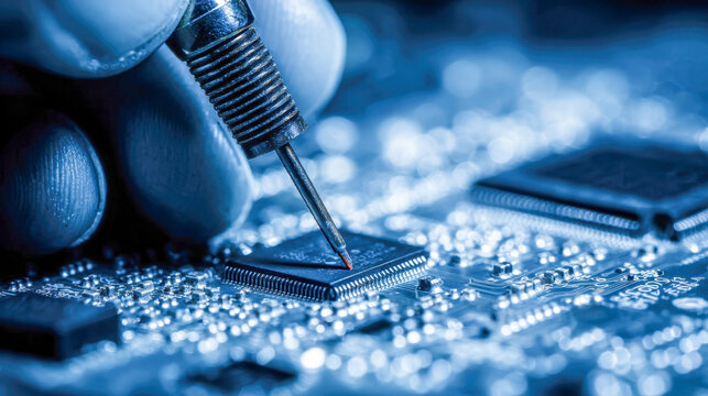 Technician repairing or testing electronic circuit board with precise soldering tool under cool blue lighting in a high-tech environment