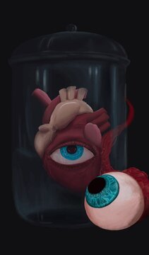 Surreal Anatomical Heart with Eye Inside Glass Jar Concept Illustration