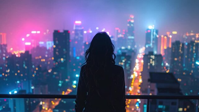 Silhouette of a person looking at a city at night with vibrant lights