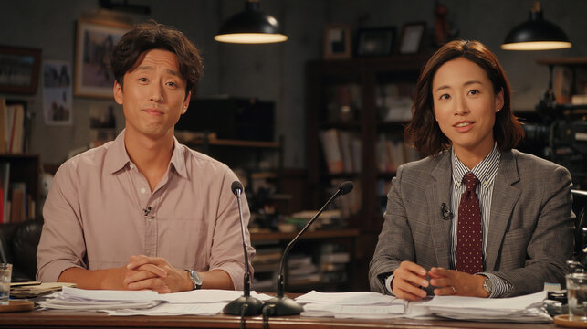 News Presenters: Two professional news presenters sit at a desk, looking directly at the camera with confidence and competence, ready to inform the audience.