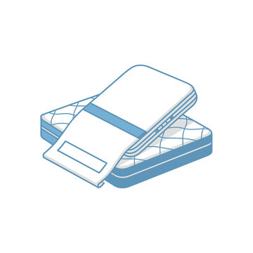 Clean isometric vector graphic of a blue quilted mattress with a large blank white law tag being pulled or extending from the corner, isolated on a white background.