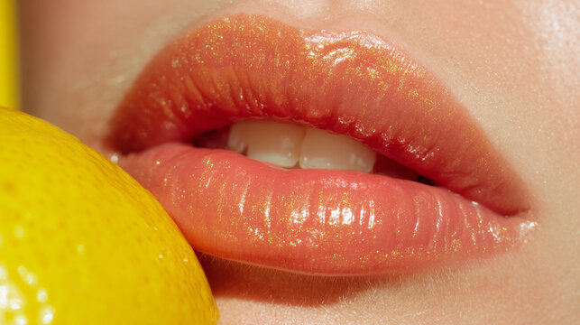 Woman mouth with glossy shimmering lipstick near fresh yellow lemon. Beauty skincare concept. Creative makeup with fruit and citrus essence for cosmetic advertisement and skin care.