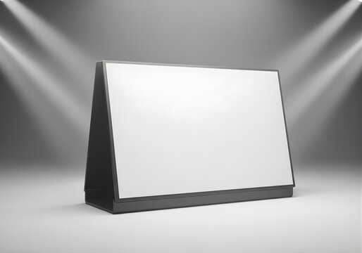Blank triangular standing tabletop sign with spotlight illumination, retail marketing display, presentation mockup