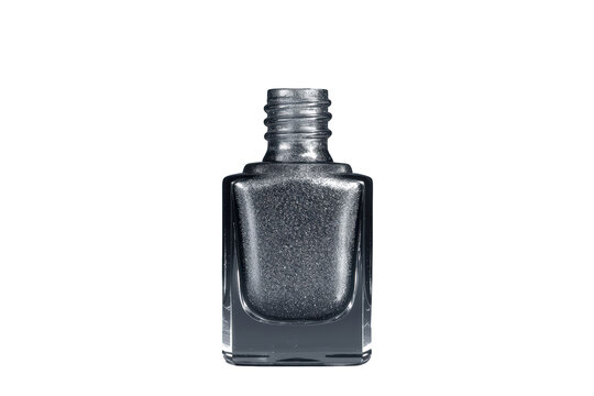 Silver glitter nail polish bottle without cap. Beauty product for manicure and pedicure on transparent background
