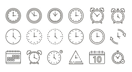 Fototapeta premium Collection of Various Analog, Digital, and Alarm Clocks in a Grid Layout.